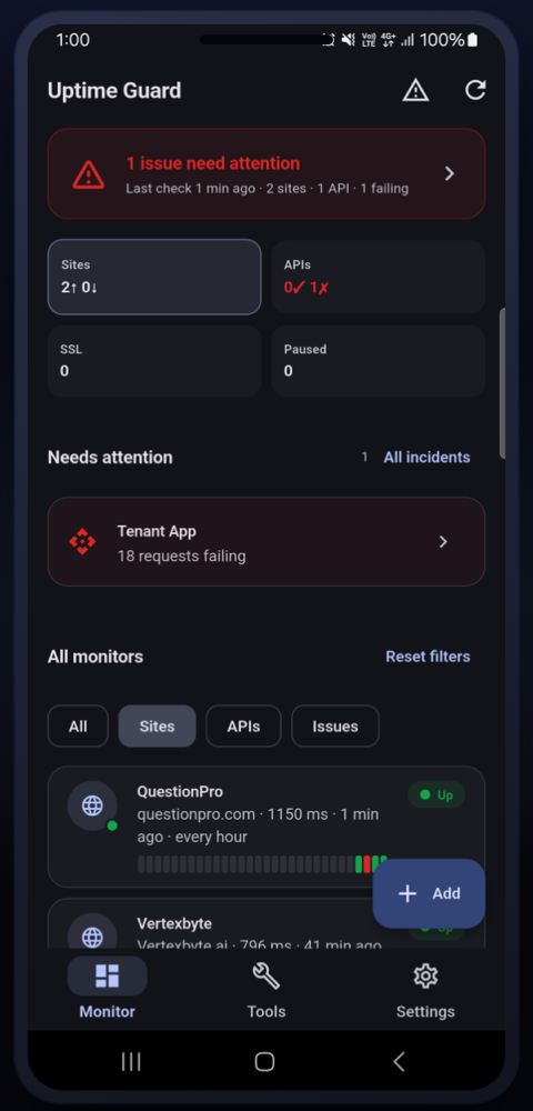 Uptime Guard dashboard showing monitored sites, APIs and SSL status