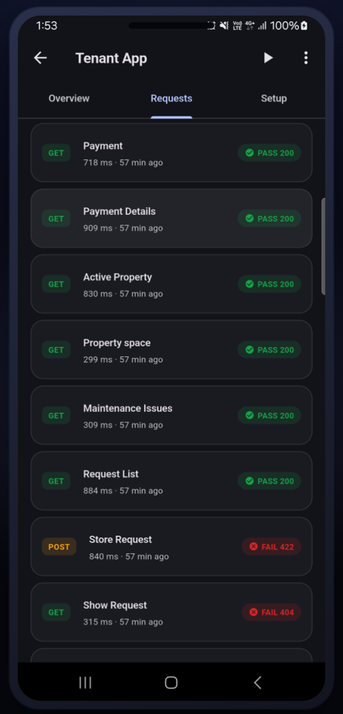 API collection run showing each request passing or failing with status codes