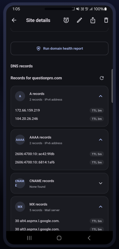 DNS record browser showing A, AAAA, CNAME and MX records with TTLs