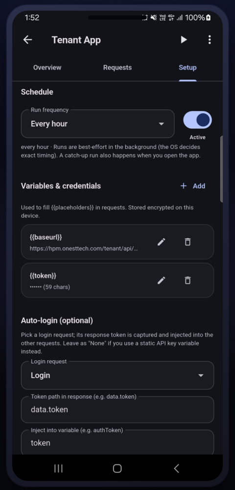 API monitor setup screen with schedule, encrypted variables and auto-login