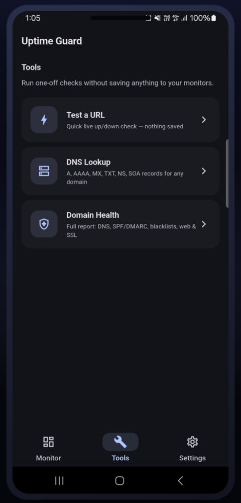 Tools tab offering a URL test, DNS lookup and domain health report